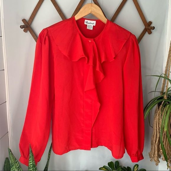 Vintage Tops - 💚Cherry Red Exaggerated Ruffle Neck Blouse Hidden Button Down Shirt Size small